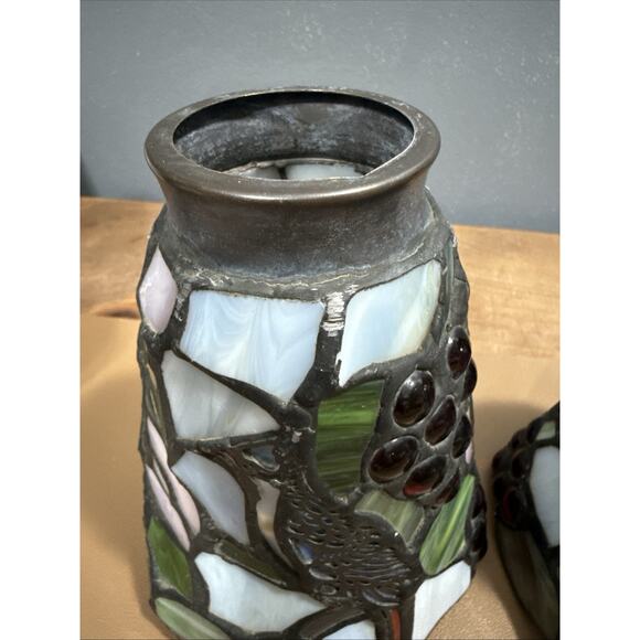 Set Of 3 Vintage Stained Glass Lamp Pendant Light Shade Blue Jay & Berries - Picture 9 of 16